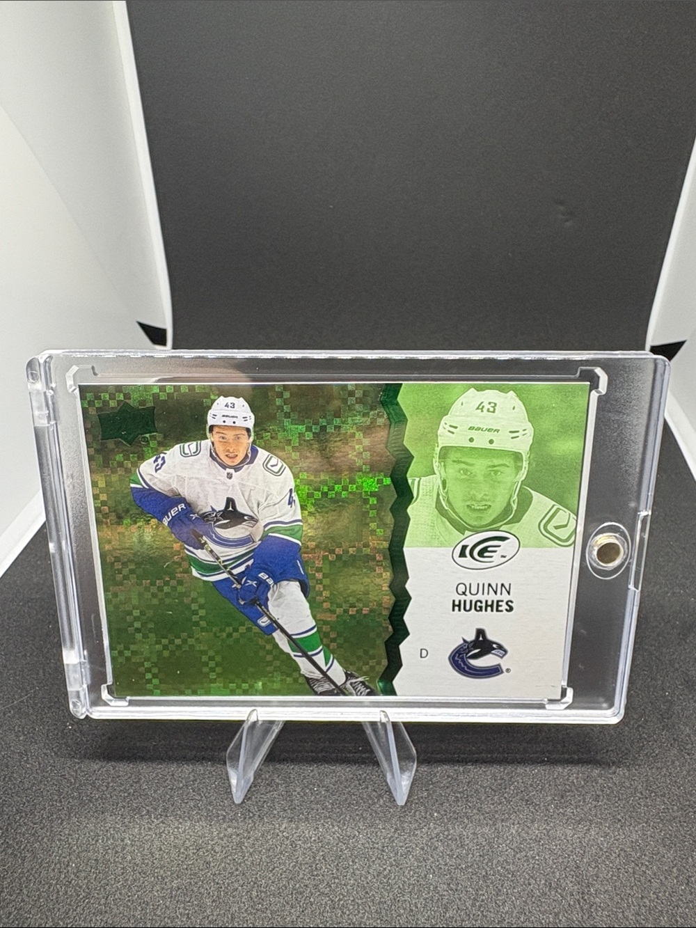 Upper Deck Ice Quinn Hughes Hockey Trading Card Green holo